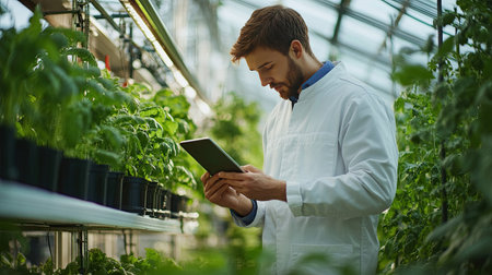Male bioengineer in a modern vertical farm, examining crops with a tablet. High-tech greenhouse growing organic food with VFX infographics.の素材