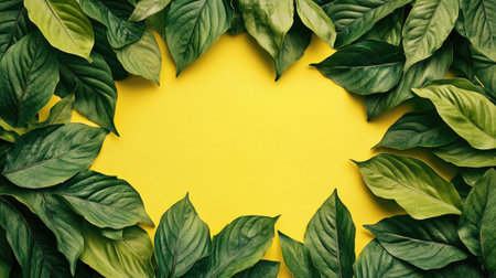 Arrangement of light green leaves framing a bright yellow center, perfect for refreshing design themes and text overlays. Ideal for nature and eco-friendly conceptsの素材