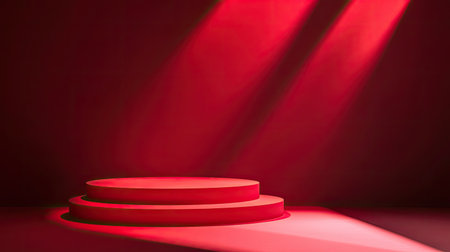 Product display podium on a red background, featuring studio stage lighting. Abstract scene with shadow textures and a perspective view for showroom and presentation setups.の素材