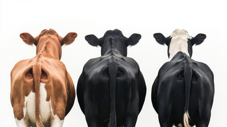 Rear view of three cows in black, brown, and white, glancing back. Set against a white background, ideal for showcasing diverse livestock.の素材