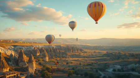 Hot air balloons over Cappadocia's unique landscape and ancient cave city. Ideal for travel and exploration visuals.の素材