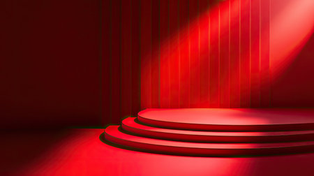 Red podium with studio stage light, perfect for showcasing products. Abstract red background with shadow textures, ideal for presentations and showroom designs.の素材