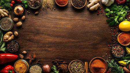 Top view of a variety of spices and culinary ingredients arranged on a dark wooden surface, forming a frame with empty space in the middle. Perfect for recipe or cooking themes.の素材