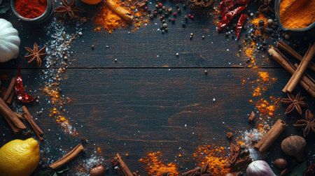 Spices and culinary ingredients arranged in a frame on a dark wooden surface, leaving space in the middle for text or images. Perfect for food and cooking visuals.の素材