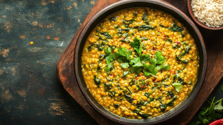 Palak Khichdi, a healthy one-pot meal of lentils, rice, and spinach, with space for advertising. Ideal for showcasing nutritious Indian cuisine.の素材