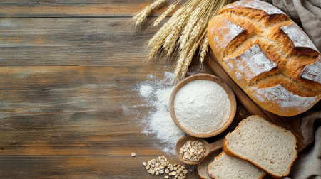 Top view of fresh white wheat loaf on a wooden table with sliced bread, grains, and flour. Perfect for bakery and breakfast themes with advertising space.の素材