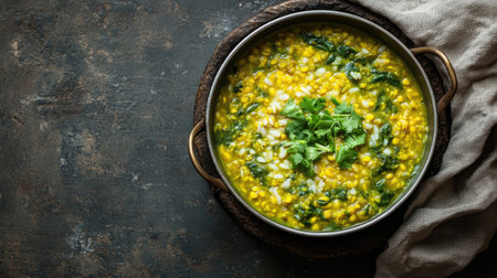 Palak Khichdi, a healthy one-pot meal of lentils, rice, and spinach, with space for advertising. Ideal for showcasing nutritious Indian cuisine.の素材