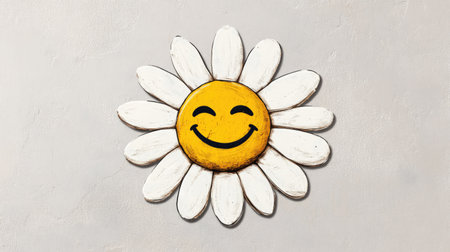 Cute daisy blossom with a smiling emoticon, perfect for vintage funky cartoon designs. 2000s style decal artwork on a plain backdrop.の素材