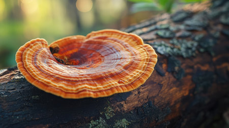 Closeup of a reishi health mushroom growing on a wooden log, capturing its natural and medicinal properties.の素材