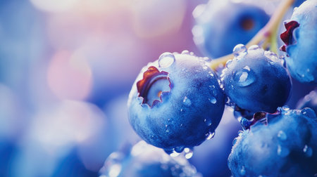 Vibrant fresh blueberries, closeup shot with a blurred background, ideal for highlighting their freshness and nutritional value.の素材
