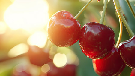 Ripe cherries in the sunlight, closeup capturing the natural beauty and freshness of the fruit.の素材