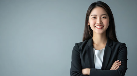 Confident young Asian sales woman, smiling with arms crossed. Isolated on gray background with ample copy space. Perfect for professional and business themes.の素材