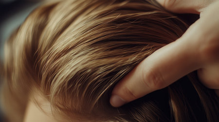 Closeup of a hairdresser holding and styling a client's hair, showcasing the expertise and precision of hairdressing.の素材