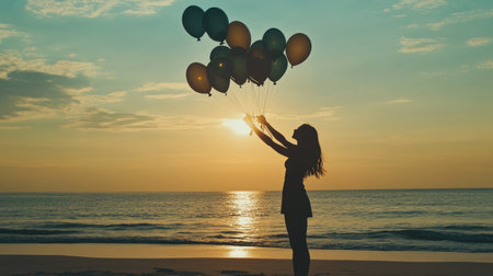 Silhouette of a woman with many flying balloons on the beach, symbolizing inspiration, joy, and happiness. Capturing a moment of pure bliss and freedom.の素材