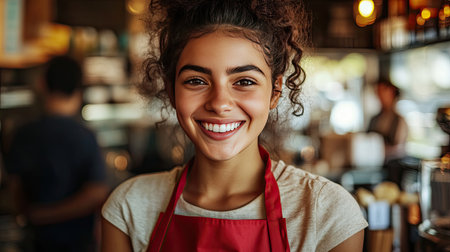 Cheerful young waitress with curly hair, red apron, and a welcoming smile. Blurred coffee shop background showcasing a bustling environment.の素材