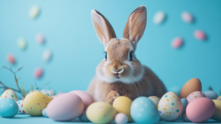 Cute rabbit surrounded by Easter eggs, set against a blue backdrop, perfect for festive and cheerful visuals.の素材
