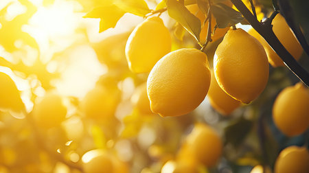 Tree full of ripe yellow lemons against a bright background, perfect for natural and fresh produce themes.の素材