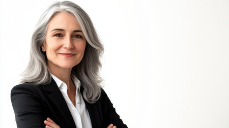 Confident and smiling mature business woman isolated on white. Senior female CEO, grey haired and professional, perfect for business banners with copy space.の素材