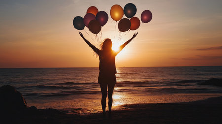 Silhouette of a joyful woman with balloons on the beach, representing inspiration and happiness. A scene full of freedom and positivity.の素材