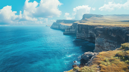 Breathtaking panoramic view of coastal cliffs meeting the blue sea, offering a mesmerizing natural spectacle.の素材