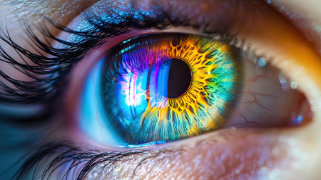 This striking close-up captures the incredible detail of a human eye, showcasing the colorful iris and pupil with unique patterns and reflections.の素材