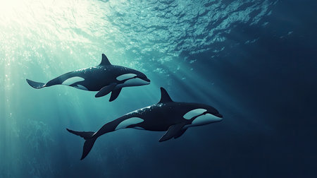 Pair of orca whales gracefully moving through the ocean waters, with an atmosphere both attractive and serene.の素材