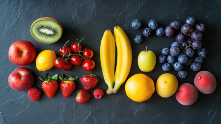 A colorful assortment of fresh fruits including apples, bananas, kiwis, and berries arranged on a dark slate surface, perfect for promoting healthy eating habits.の素材