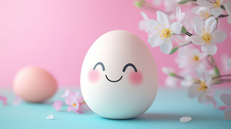 A cute, kawaii-style egg with a cheerful face set against a light pink and blue background. This image symbolizes the joy of Easter.の素材