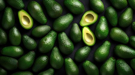 A visually appealing arrangement of fresh, green avocados on a dark background, showcasing whole avocados and sliced halves, perfect for healthy culinary inspirations.の素材