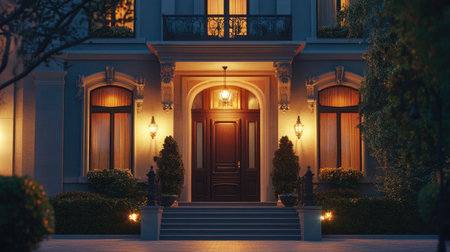 A stunning view of a luxurious house entrance illuminated at dusk, showcasing an elegant door, beautiful landscaping, and decorative lights, creating a serene atmosphere.の素材