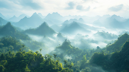 Expansive green Asian landscape with mist-covered forests and distant mountains, offering a breathtaking panoramic view.の素材