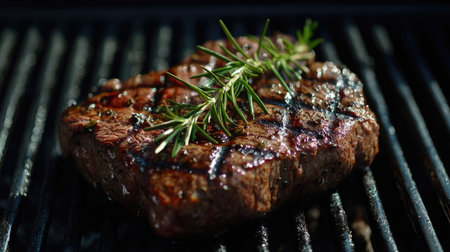 A beautifully grilled steak garnished with fresh rosemary, showcasing the mouthwatering flavors of barbecue cooking. Ideal for culinary enthusiasts and food photographers.の素材