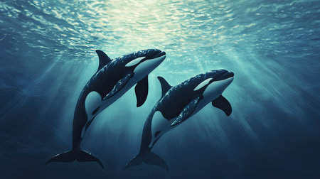 Two orcas swimming in sync in the ocean, capturing the natural elegance and strength of these marine giants.の素材