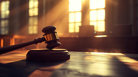 A gavel rests in a courtroom bathed in warm light, symbolizing justice and law.の素材