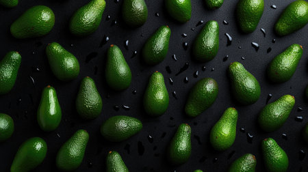 A stunning overhead view of fresh green avocados with shimmering water droplets on a textured dark surface. Perfect for culinary and healthy lifestyle themes.の素材
