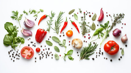 Fresh vegetables, herbs, and spices arranged on a white background, highlighting their vibrant colors and textures.の素材