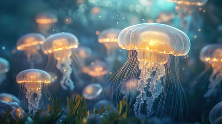 Enchanting display of glowing jellyfish swimming through the deep sea, offering a mesmerizing visual experience.の素材