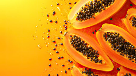 Tropical papaya background with seeds, perfect for highlighting freshness and exotic flavors.の素材