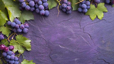 Grape vine background with a purple stone surface, featuring space for popular messages, ideal for winery and nature themes.の素材