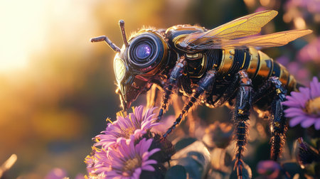 Futuristic robot bee perched on a flower, interacting with its environment in a warm and natural setting.の素材