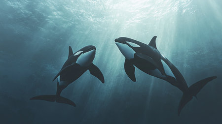 Two orcas swimming in sync in the ocean, capturing the natural elegance and strength of these marine giants.の素材