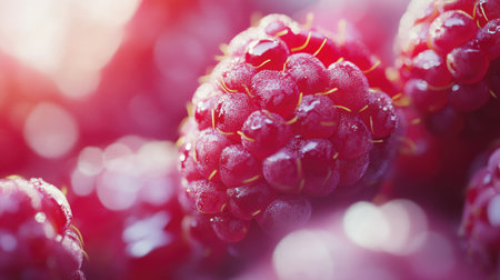 Detailed shot of red raspberries, capturing their freshness and natural beauty, ideal for culinary visuals.の素材