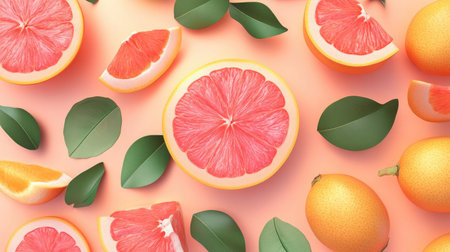 Bright and vibrant grapefruit background featuring whole and sliced fruits, decorated with fresh green leaves.の素材