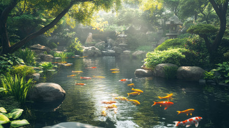 Serene Japanese Zen garden with koi fish in the pond, surrounded by lush greenery and a tranquil atmosphere.の素材
