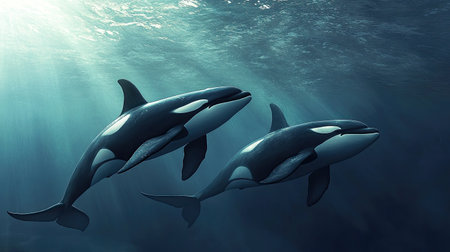 Pair of orca whales gracefully moving through the ocean waters, with an atmosphere both attractive and serene.の素材