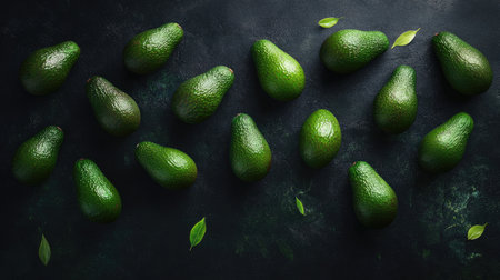 Avocados scattered across a black backdrop, creating a striking visual with rich green tones.の素材