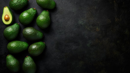 Avocados scattered on a black background, offering a vibrant contrast and plenty of space for messages or text.の素材