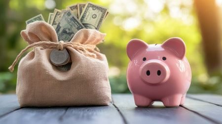 A pink piggy bank and a bag of money, symbolizing savings and investment ideas, with space for text.の素材