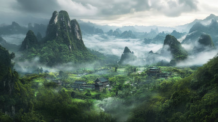 Panoramic view of a lush green Asian landscape with misty forests and towering mountains, creating a serene and attractive scene.の素材