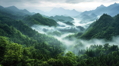 Sweeping panoramic view of a green Asian landscape with misty forests and mountains, evoking a sense of tranquility.の素材